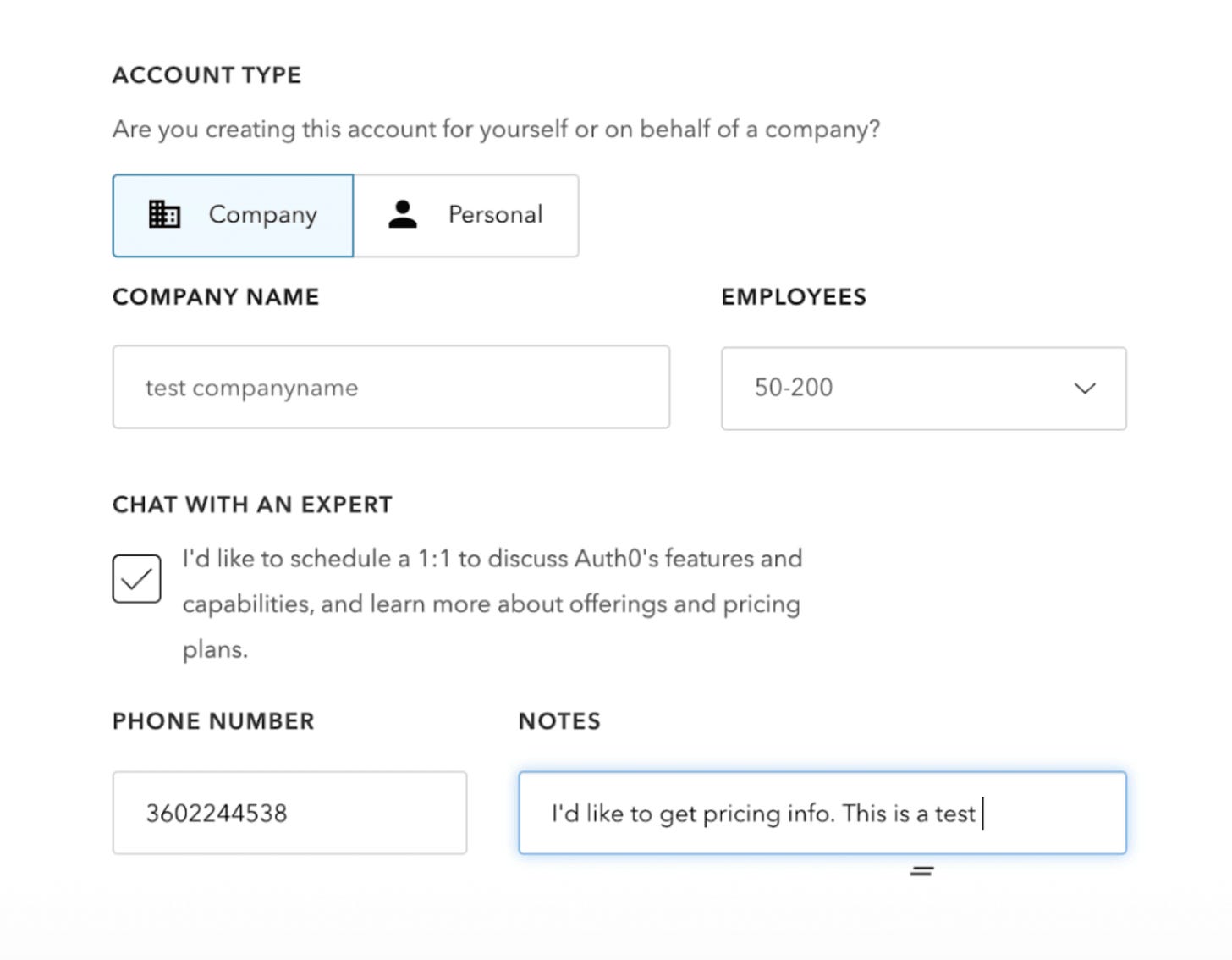 The Auth0 signup flow, including a checkbox to talk to the team